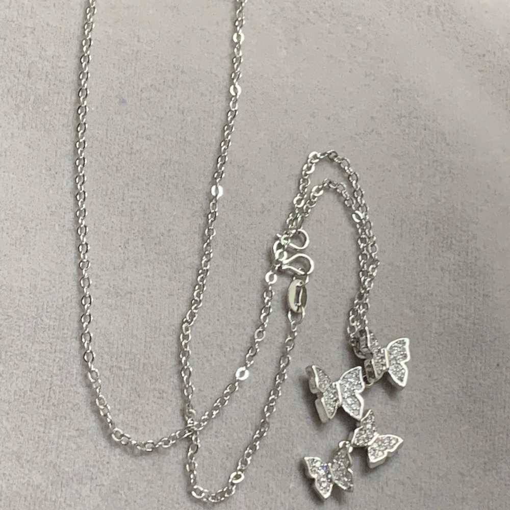 18 Inch CZ Butterflies Silver Necklace